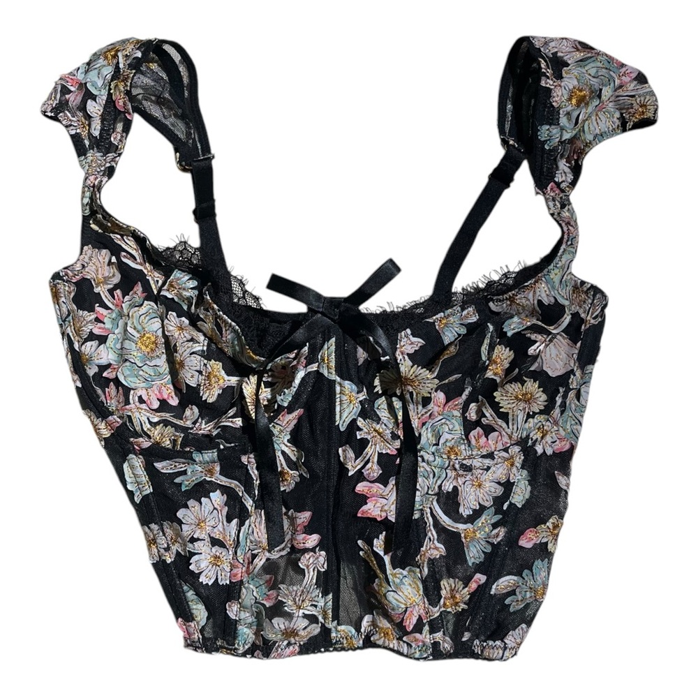 Victoria’s Secret Dream Angels Black Floral Bustier Floral Appliqué Corset - Picture 2 of 6